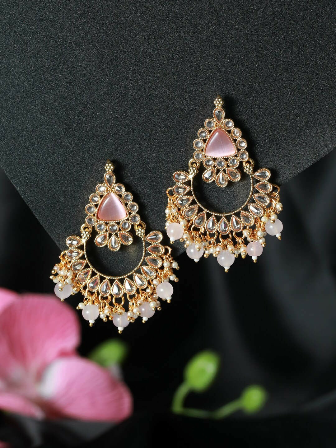 Women Gold Plated Kundan Chandbali Earrings – Pink Beaded Ethnic Jewelry | Indiaista