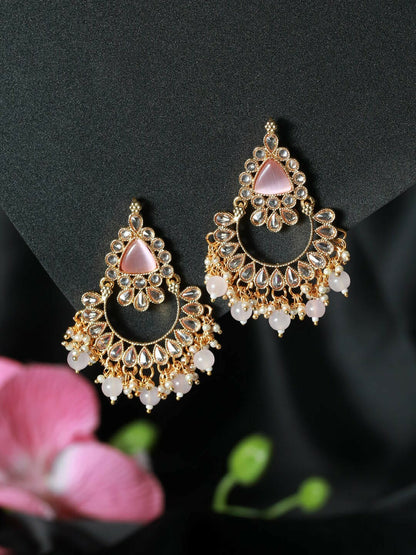 Women Gold Plated Kundan Chandbali Earrings – Pink Beaded Ethnic Jewelry | Indiaista