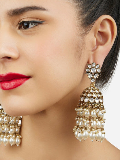 Women’s Gold-Plated Dome Jhumkas – Stone & Bead-Studded Ethnic Earrings