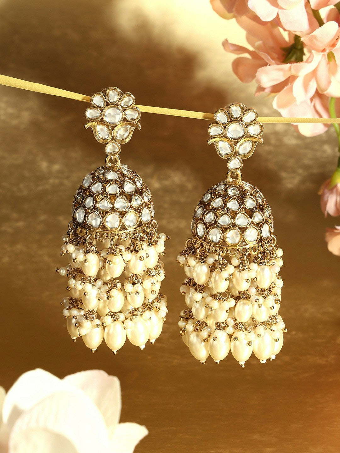 Women’s Gold-Plated Dome Jhumkas – Stone & Bead-Studded Ethnic Earrings