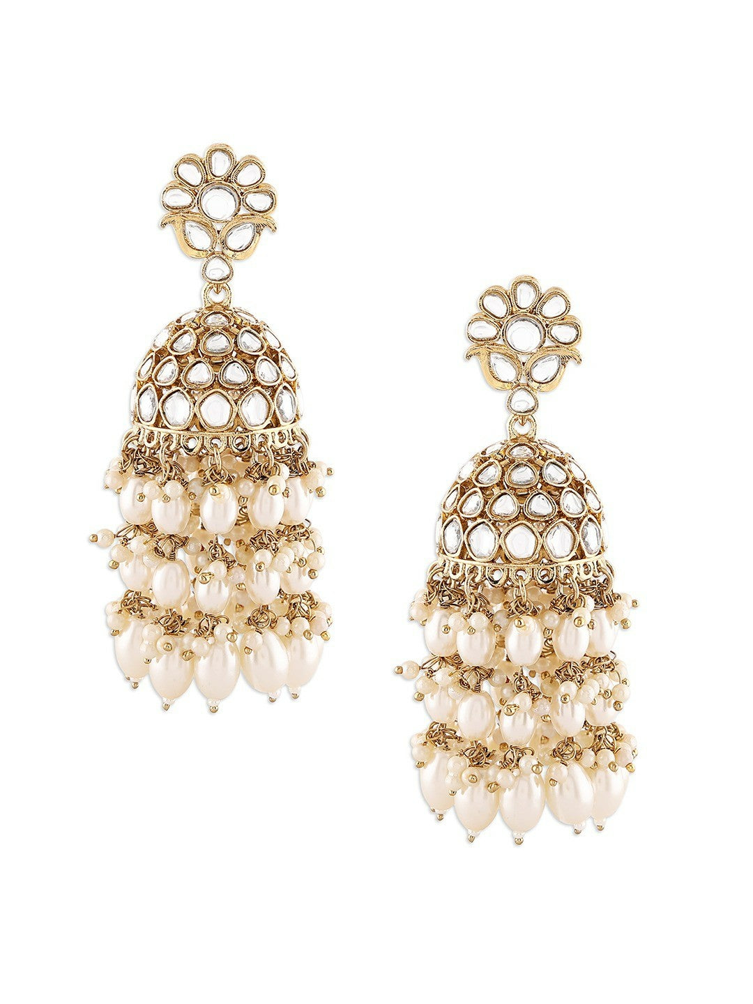 Women’s Gold-Plated Dome Jhumkas – Stone & Bead-Studded Ethnic Earrings