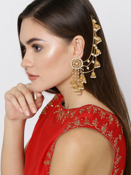 Women Off-White Gold-Plated Beaded Jhumkas with Ear Chains – Traditional Indian Earrings