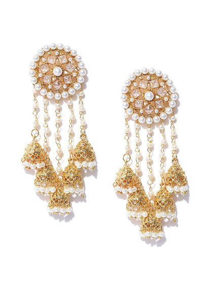 Women Off-White Gold-Plated Beaded Jhumkas with Ear Chains – Traditional Indian Earrings