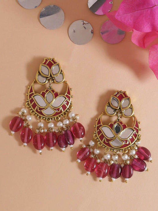 Women’s Gold-Plated Magenta Drop Earrings – Classic Ethnic Jewelry with Stones & Beads