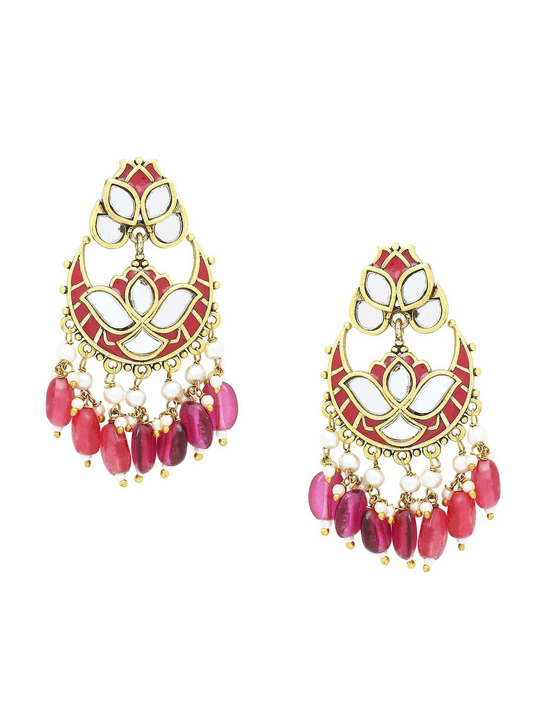 Women’s Gold-Plated Magenta Drop Earrings – Classic Ethnic Jewelry with Stones & Beads