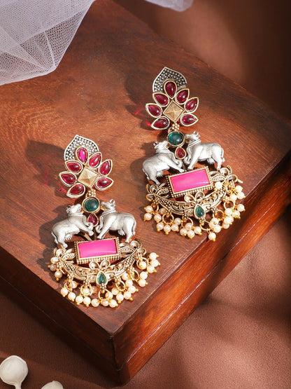 Women Gold-Plated Pink Kundan Chandbali Earrings – Cow Charm Ethnic Jewelry