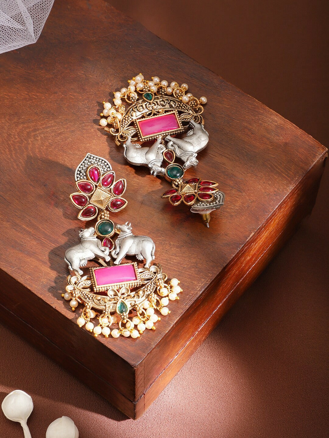 Women Gold-Plated Pink Kundan Chandbali Earrings – Cow Charm Ethnic Jewelry