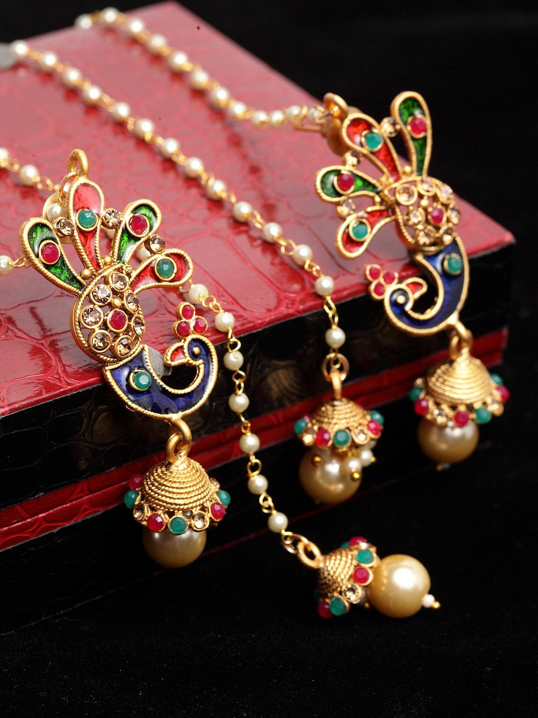 Women’s Gold-Plated Meenakari Peacock Drop Earrings – Off-White & Pearl Accent | Indiaista