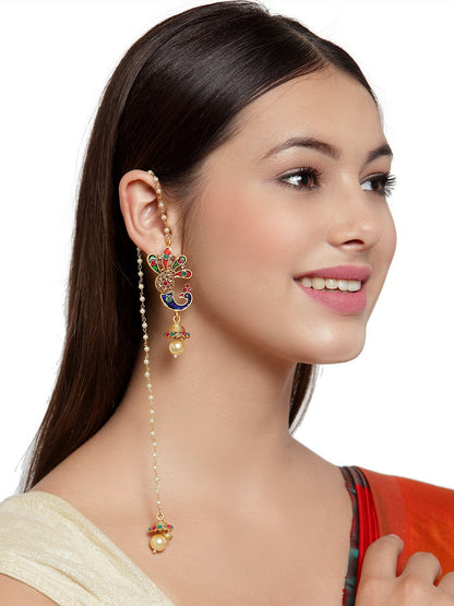 Women’s Gold-Plated Meenakari Peacock Drop Earrings – Off-White & Pearl Accent | Indiaista