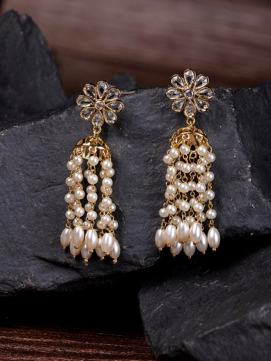 Gold-Toned Dome Shaped Drop Earrings with White Beads – Elegant Gold-Plated Jewelry