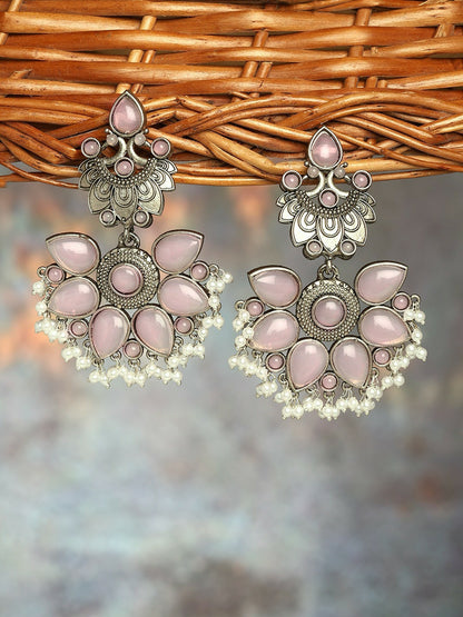 Women Gold-Plated Oxidised Floral Drop Earrings – Elegant Pink Stone Jewelry