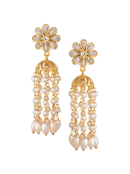 Gold-Toned Dome Shaped Drop Earrings with White Beads – Elegant Gold-Plated Jewelry