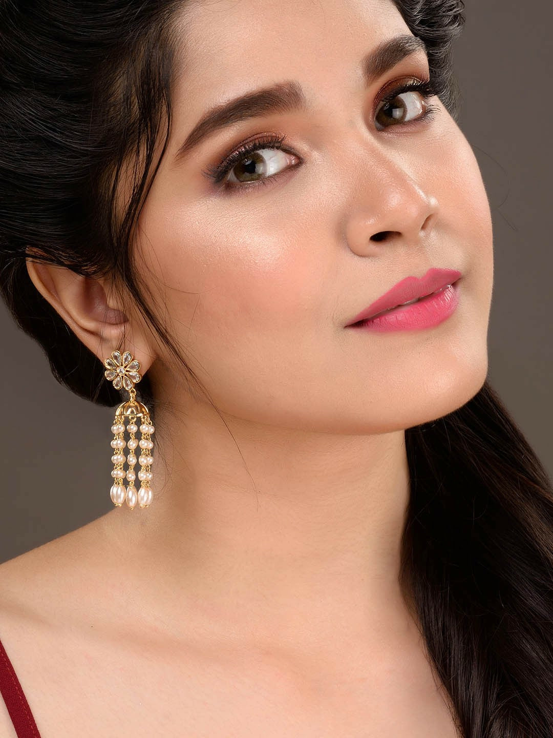 Gold-Toned Dome Shaped Drop Earrings with White Beads – Elegant Gold-Plated Jewelry