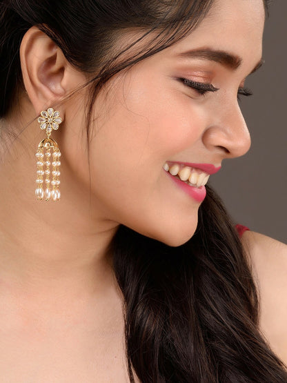 Gold-Toned Dome Shaped Drop Earrings with White Beads – Elegant Gold-Plated Jewelry