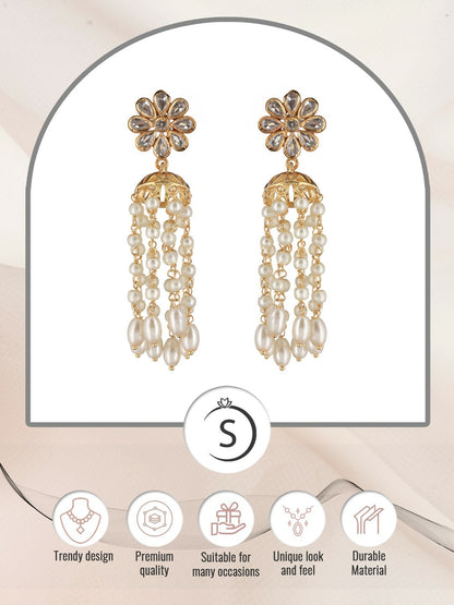 Gold-Toned Dome Shaped Drop Earrings with White Beads – Elegant Gold-Plated Jewelry