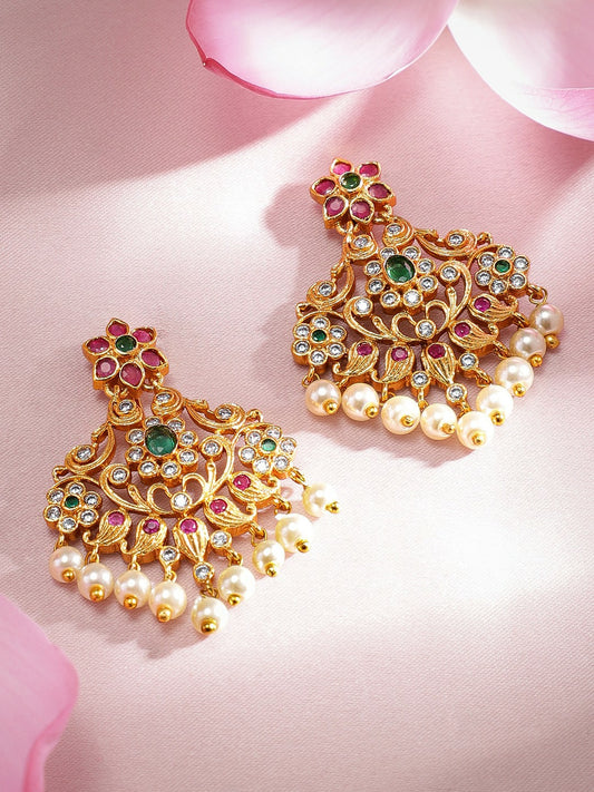 22K Gold Plated Ruby & Emerald Drop Earrings for Women – Floral Design with Pearl Drops