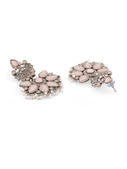 Women Gold-Plated Oxidised Floral Drop Earrings – Elegant Pink Stone Jewelry