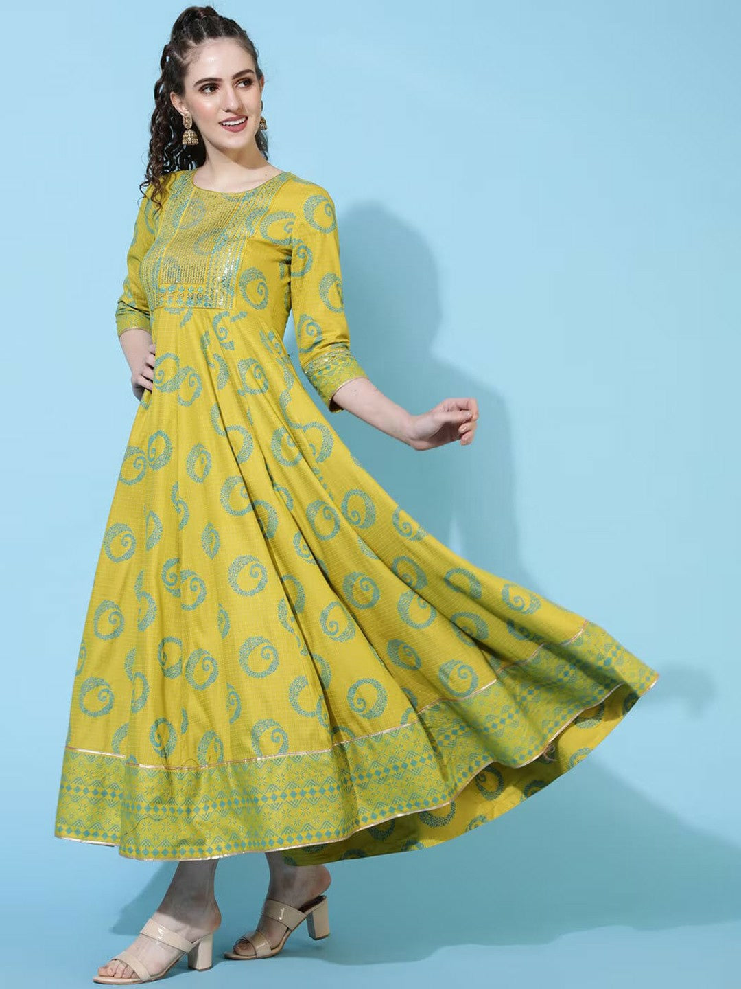 Green Ethnic Motif Printed Maxi Dress for Women – Flared Rayon Long Dress | Indiaista