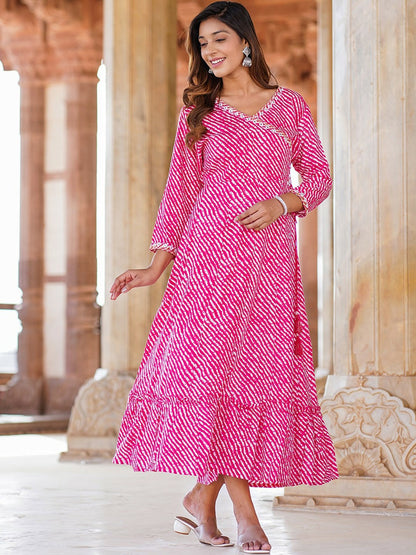 Pink & White Striped Maxi Ethnic Dress – Elegant Mirror Work | Indiaista