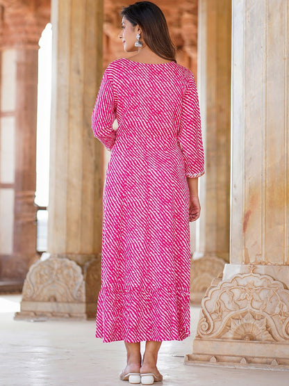 Pink & White Striped Maxi Ethnic Dress – Elegant Mirror Work | Indiaista