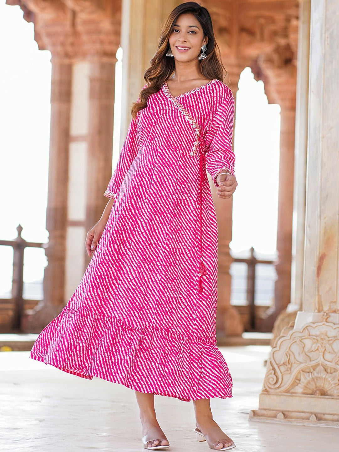 Pink & White Striped Maxi Ethnic Dress – Elegant Mirror Work | Indiaista