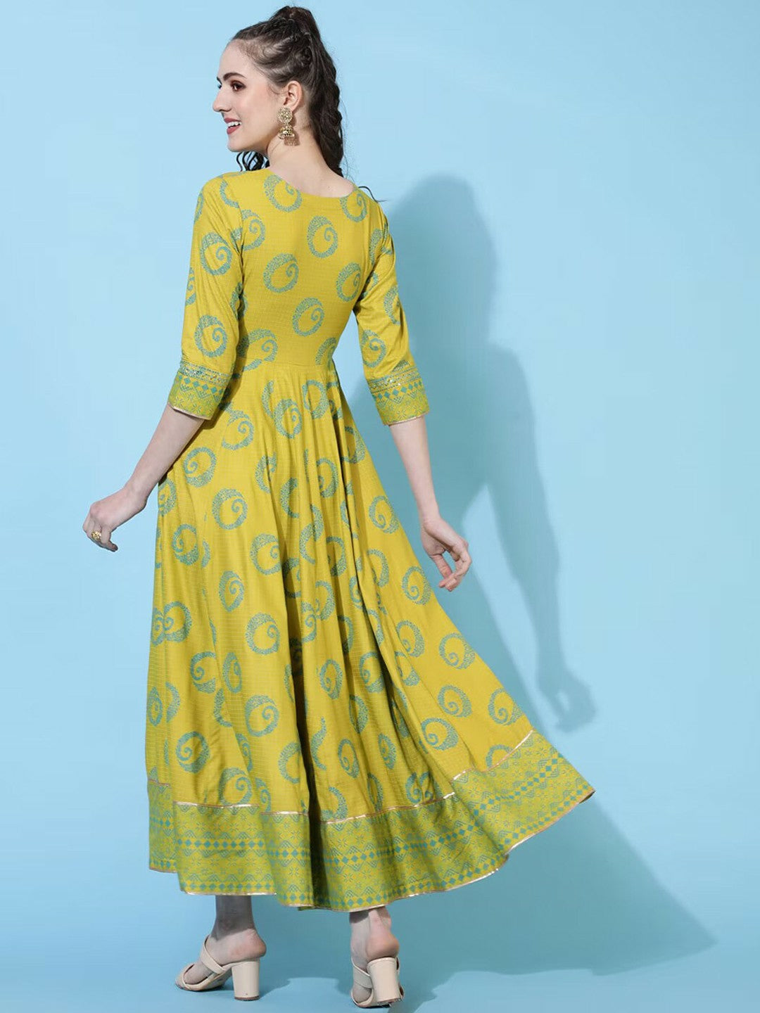 Green Ethnic Motif Printed Maxi Dress for Women – Flared Rayon Long Dress | Indiaista