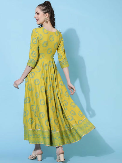 Green Ethnic Motif Printed Maxi Dress for Women – Flared Rayon Long Dress | Indiaista