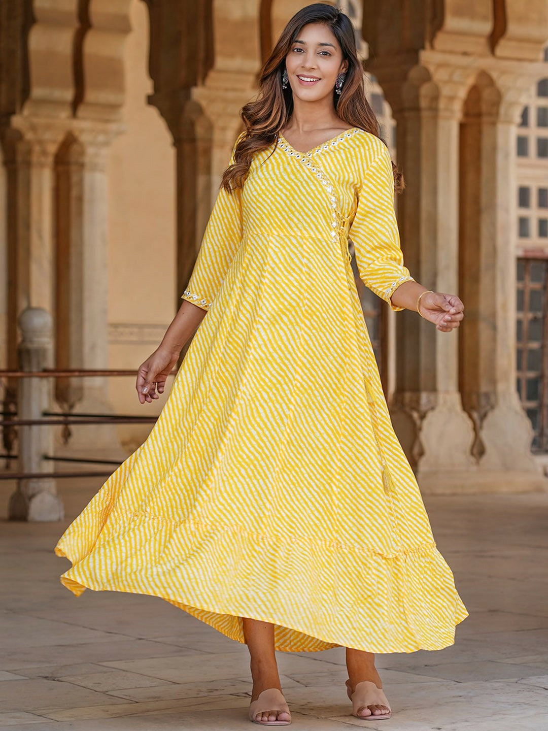 Yellow Striped A-Line Ethnic Dress for Women – Mirror Work, V-Neck | Indiaista