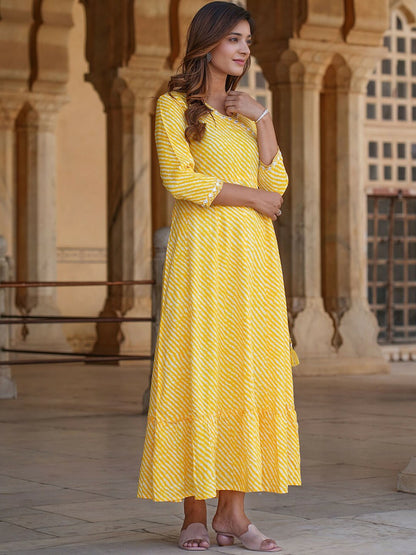 Yellow Striped A-Line Ethnic Dress for Women – Mirror Work, V-Neck | Indiaista