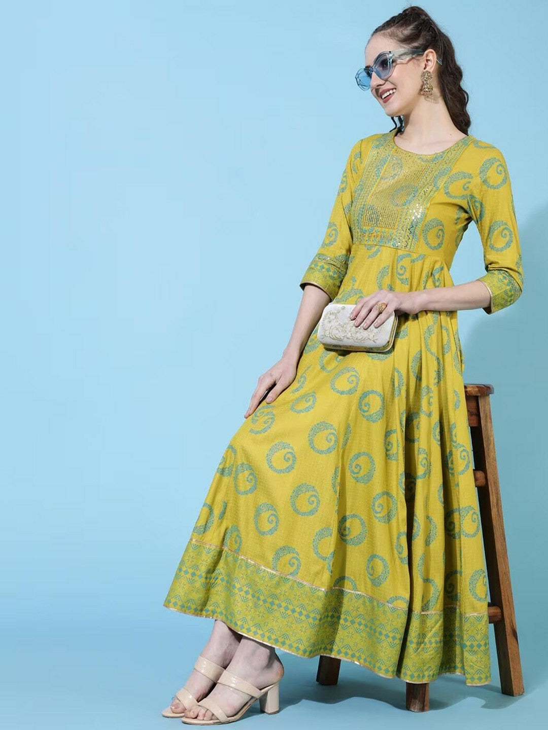 Green Ethnic Motif Printed Maxi Dress for Women – Flared Rayon Long Dress | Indiaista