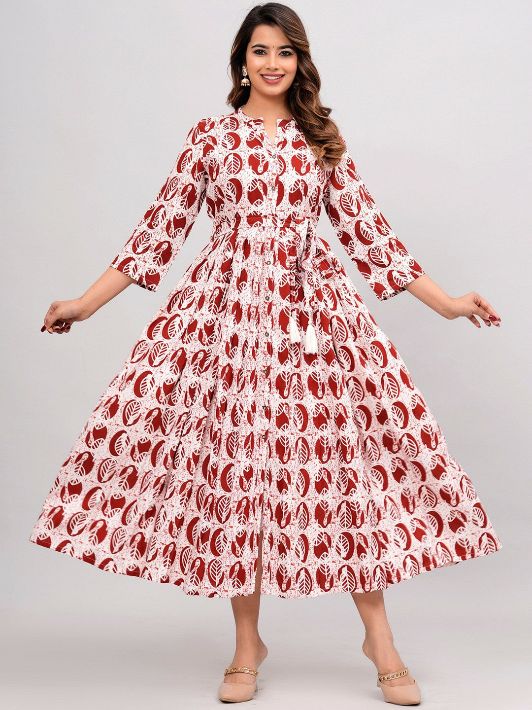 Maroon & White Ethnic Motif Printed A-Line Dress | Indiaista