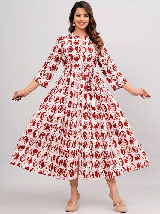 Maroon & White Ethnic Motif Printed A-Line Dress | Indiaista