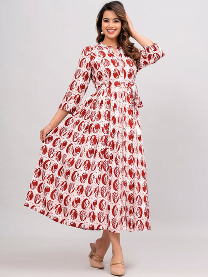 Maroon & White Ethnic Motif Printed A-Line Dress | Indiaista