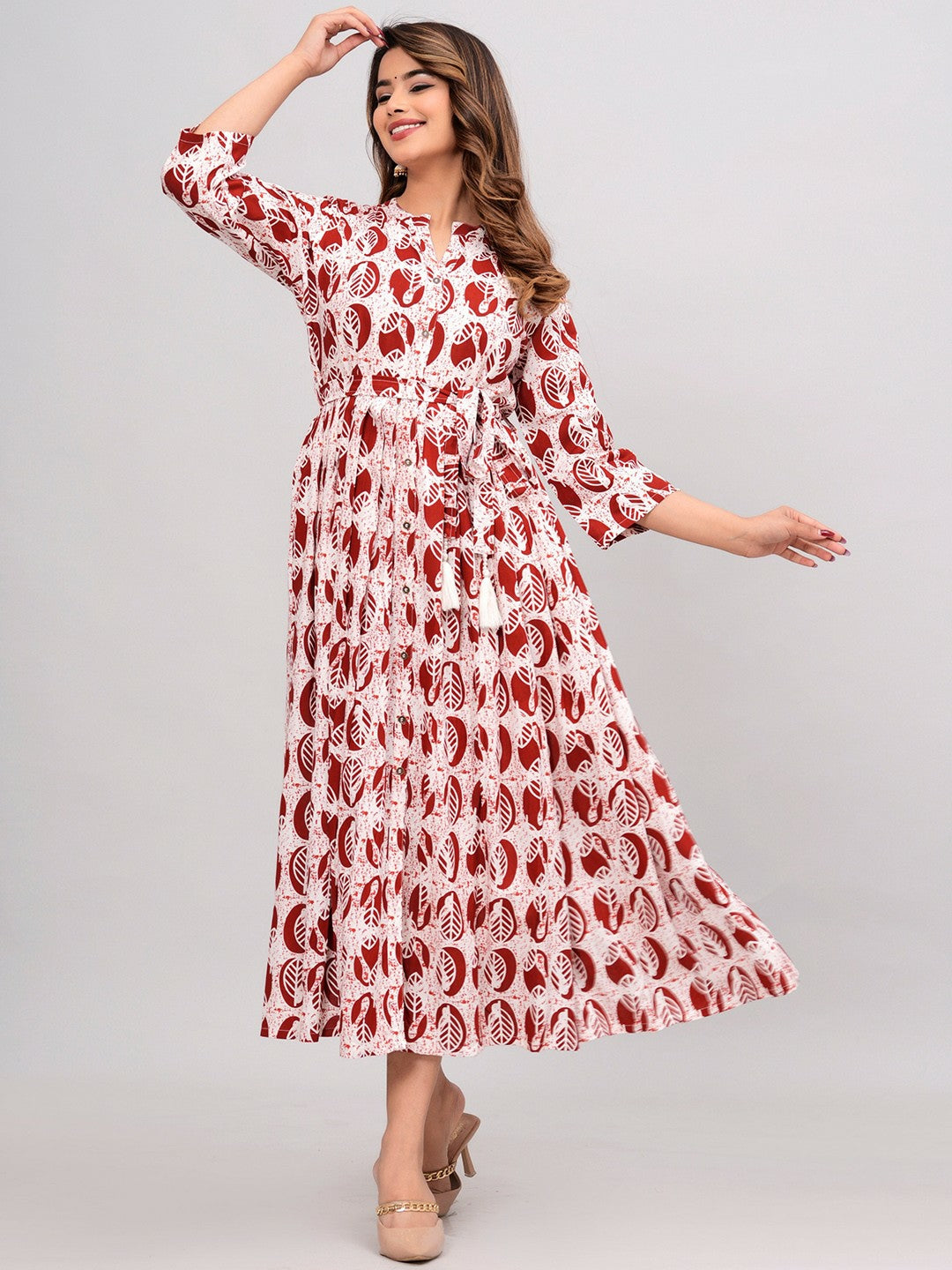 Maroon & White Ethnic Motif Printed A-Line Dress | Indiaista