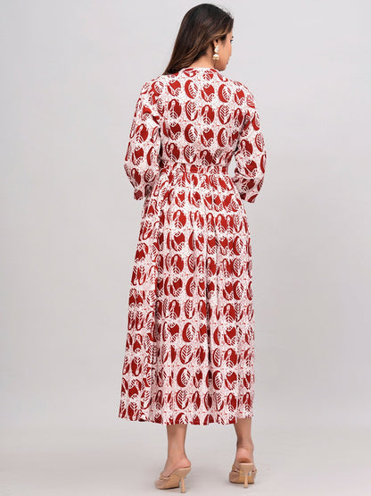 Maroon & White Ethnic Motif Printed A-Line Dress | Indiaista