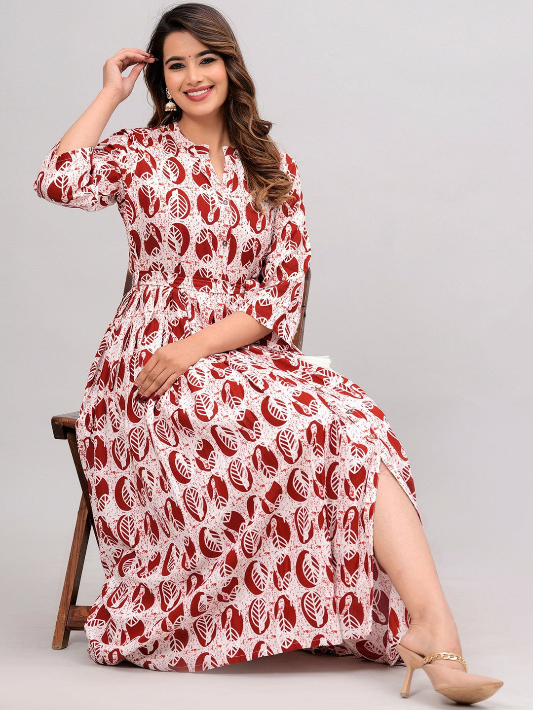 Maroon & White Ethnic Motif Printed A-Line Dress | Indiaista