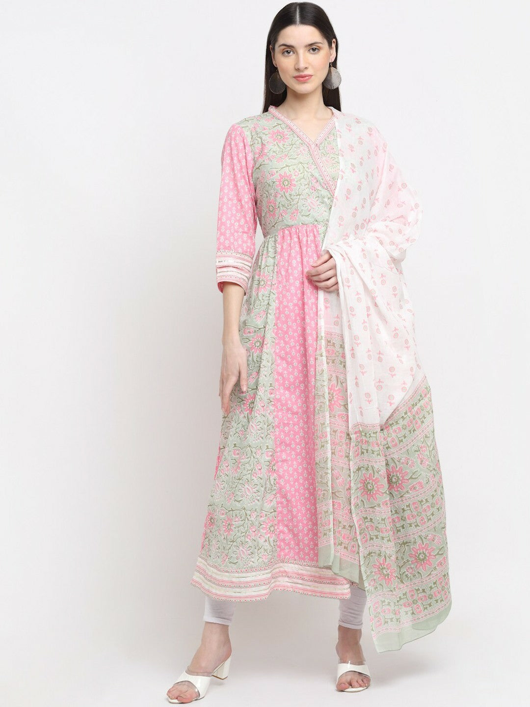 Women Cotton Floral Printed Angrakha Kurta with Dupatta – Pink Ethnic Dress, Ankle Length, V-Neck