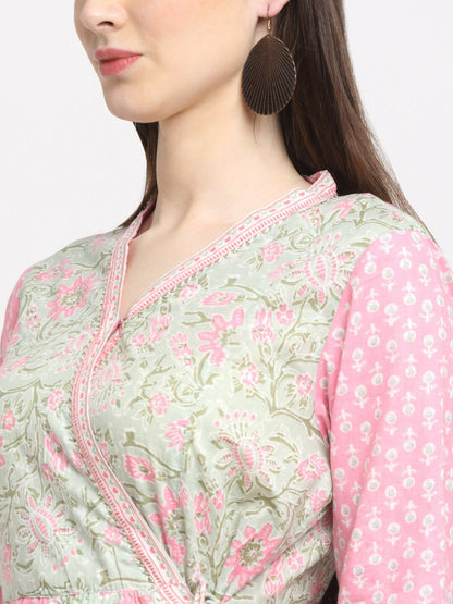 Women Cotton Floral Printed Angrakha Kurta with Dupatta – Pink Ethnic Dress, Ankle Length, V-Neck