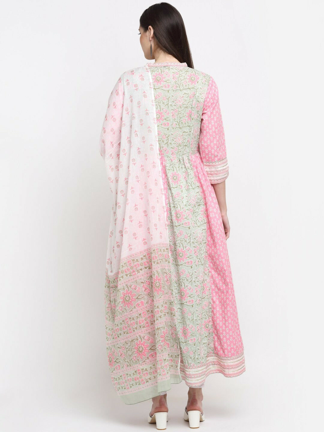 Women Cotton Floral Printed Angrakha Kurta with Dupatta – Pink Ethnic Dress, Ankle Length, V-Neck