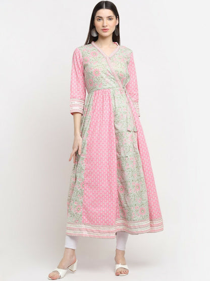 Women Cotton Floral Printed Angrakha Kurta with Dupatta – Pink Ethnic Dress, Ankle Length, V-Neck