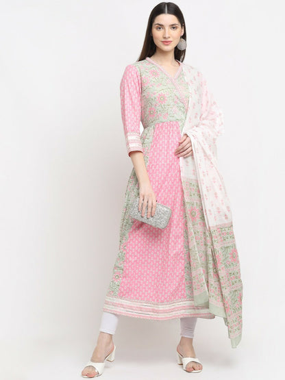 Women Cotton Floral Printed Angrakha Kurta with Dupatta – Pink Ethnic Dress, Ankle Length, V-Neck