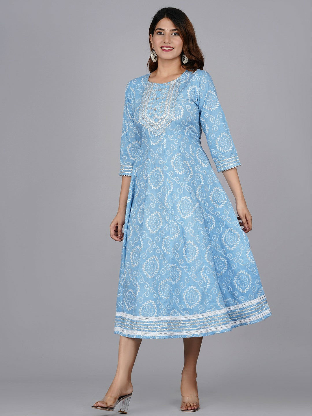 Blue Ethnic Motifs Print A-Line Dress – Stylish Midi Dress for Women | Indiaista