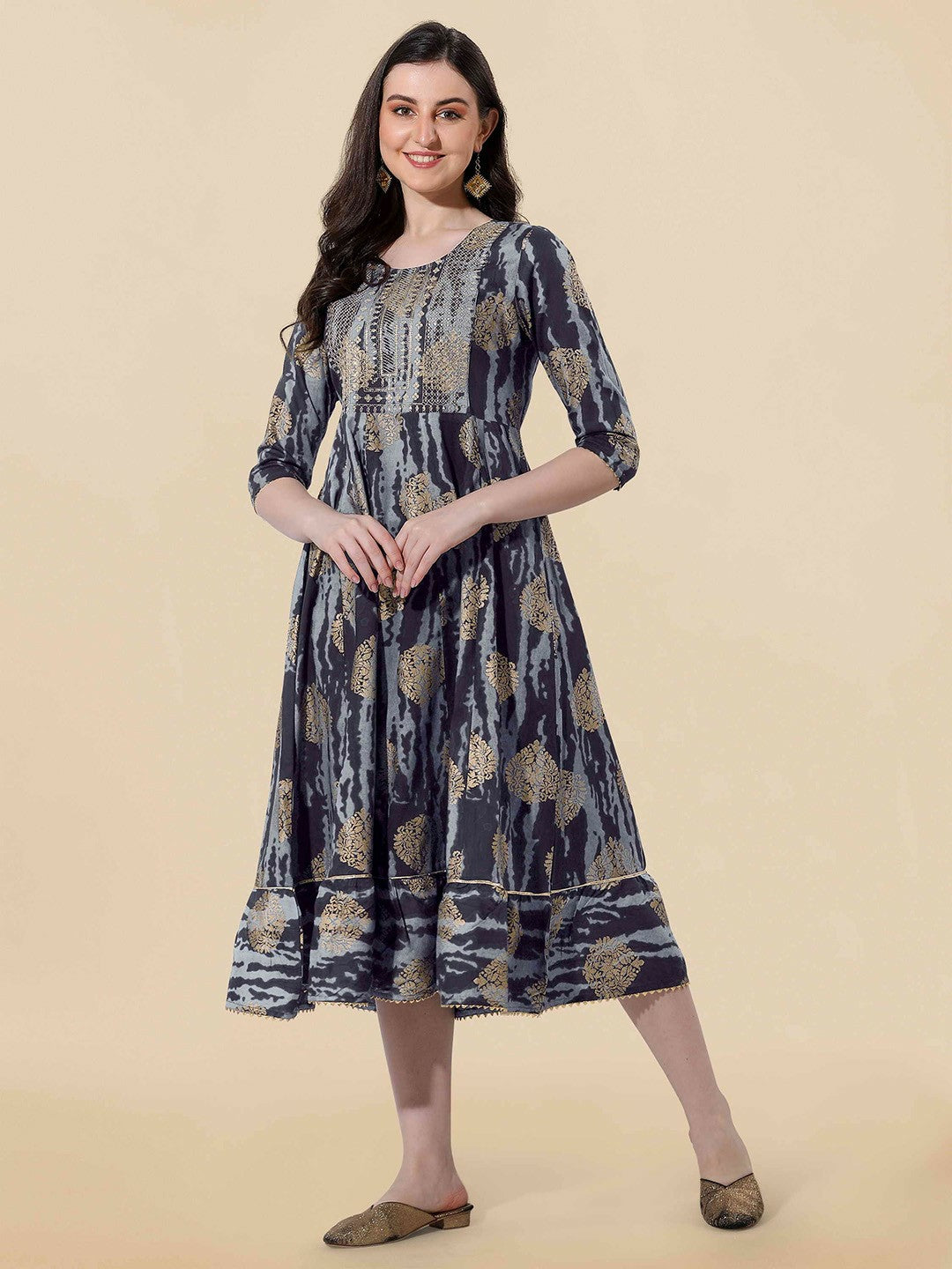 Grey Abstract Printed Fit & Flare Midi Dress – Ethnic Cotton Dress for Women