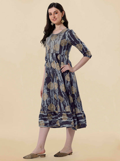 Grey Abstract Printed Fit & Flare Midi Dress – Ethnic Cotton Dress for Women