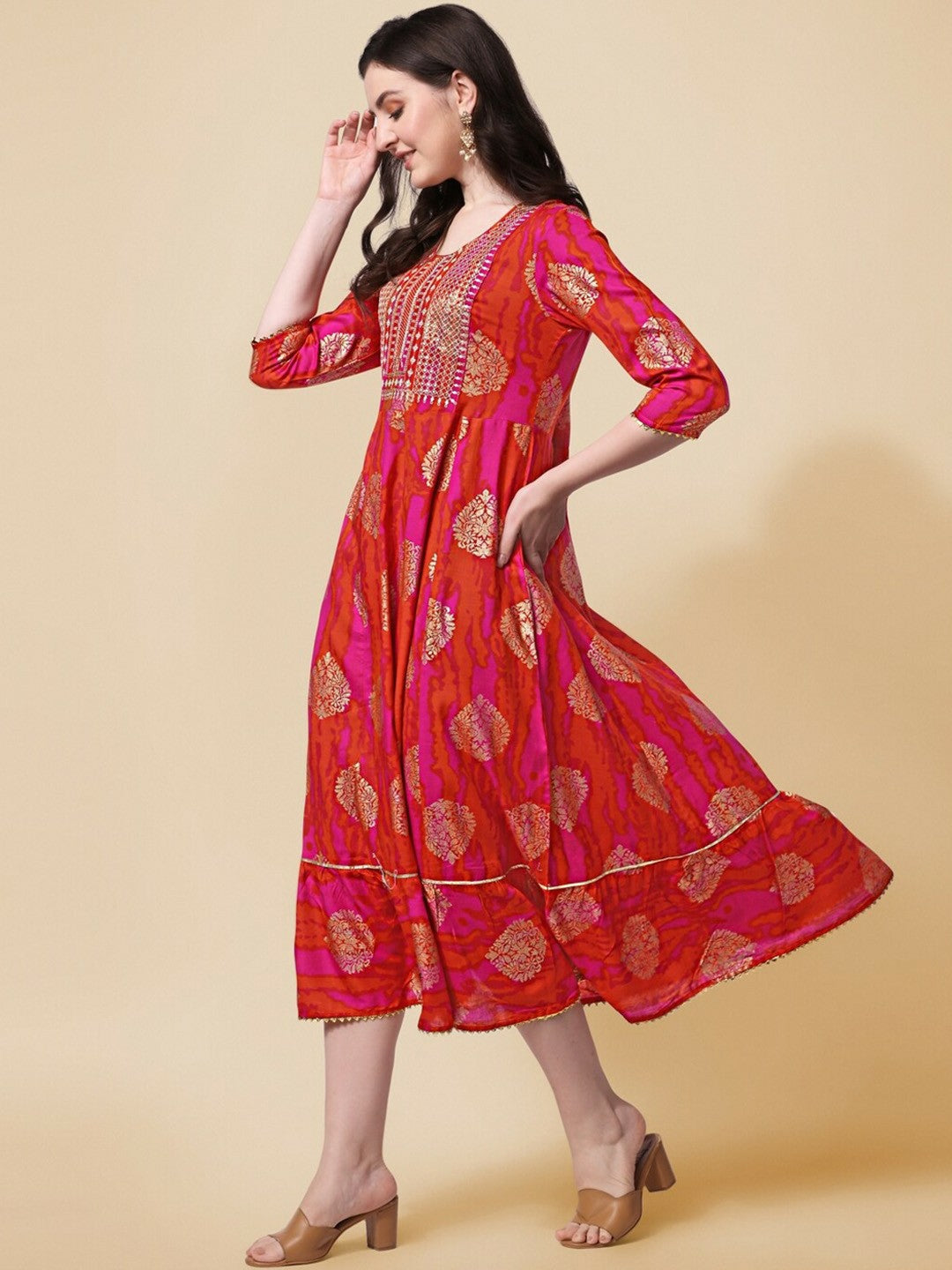 Pink Ethnic Motif Printed A-Line Dress for Women – Stylish Knee-Length Flared Kurta