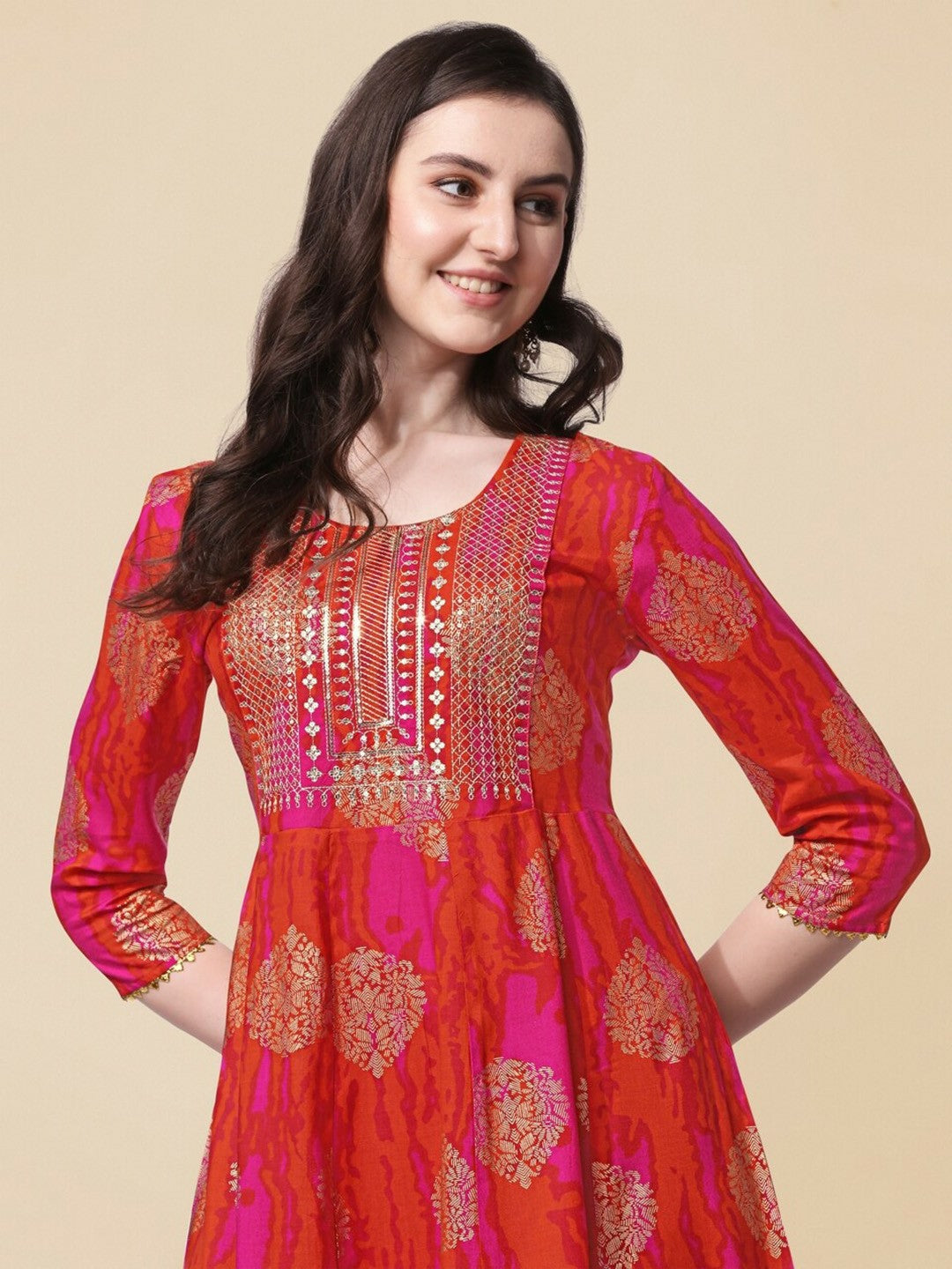 Pink Ethnic Motif Printed A-Line Dress for Women – Stylish Knee-Length Flared Kurta