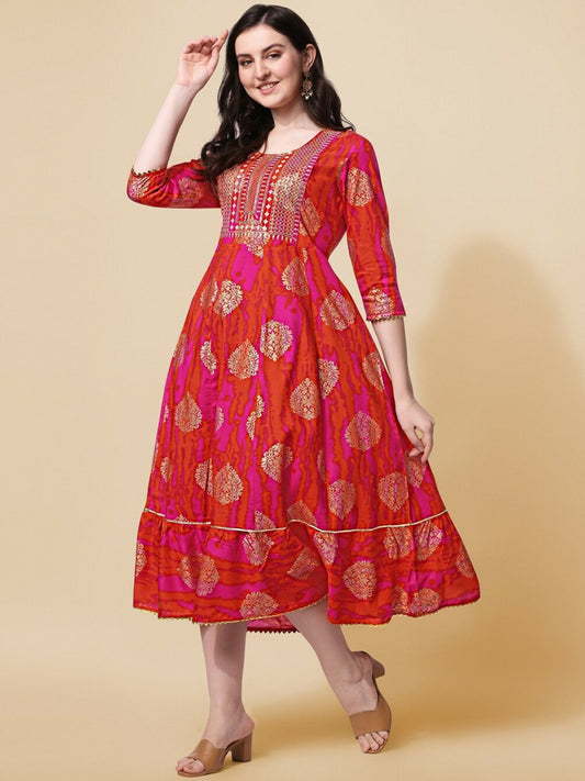 Pink Ethnic Motif Printed A-Line Dress for Women – Stylish Knee-Length Flared Kurta