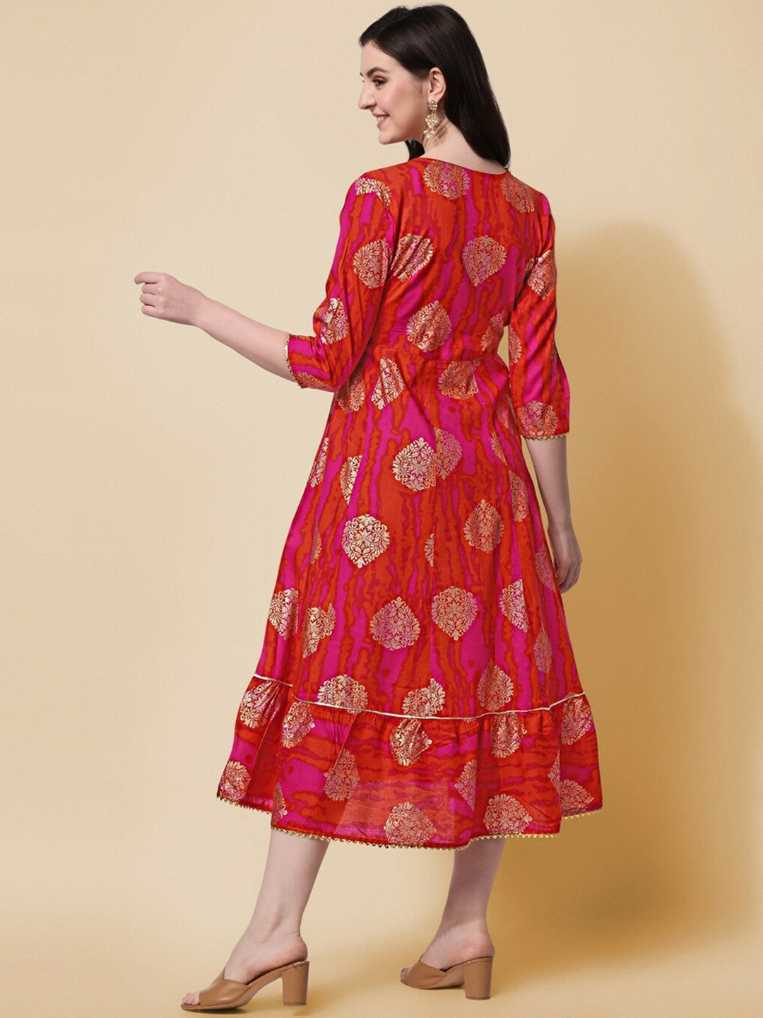 Pink Ethnic Motif Printed A-Line Dress for Women – Stylish Knee-Length Flared Kurta