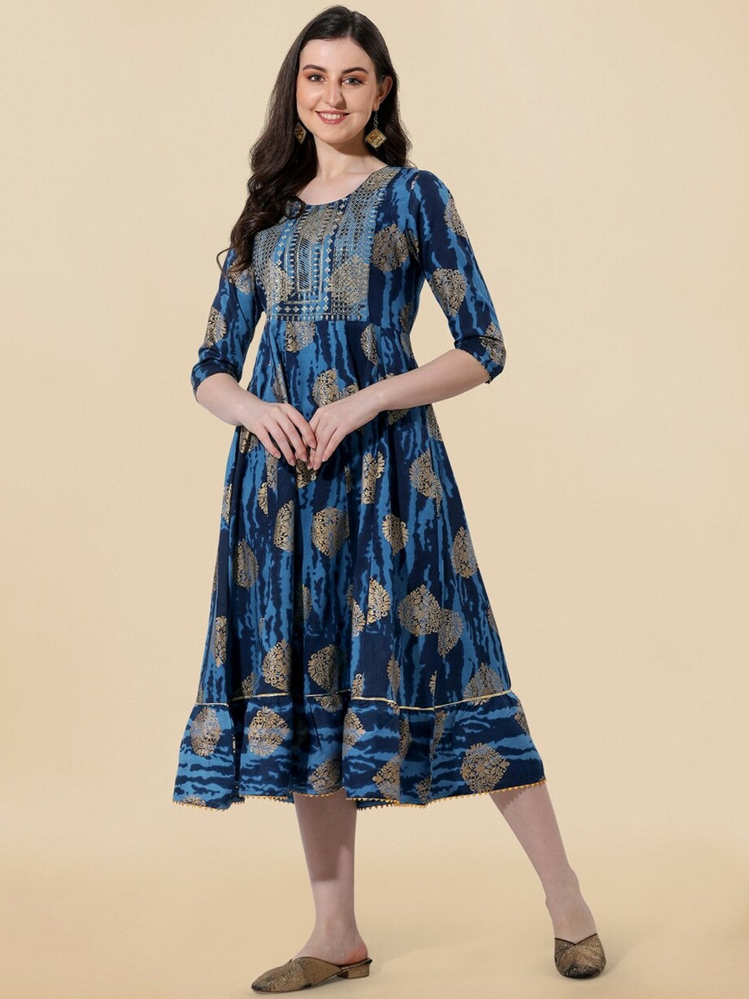 Navy Blue Ethnic Motif Printed A-Line Dress for Women – Stylish & Comfortable Indian Wear