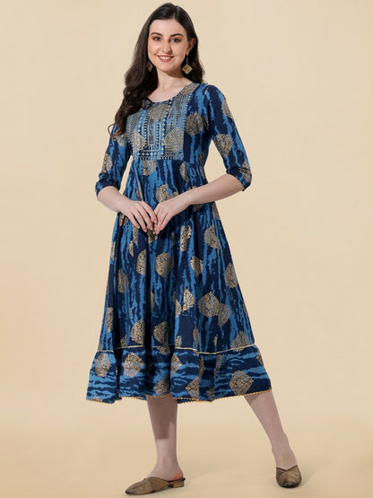 Navy Blue Ethnic Motif Printed A-Line Dress for Women – Stylish & Comfortable Indian Wear